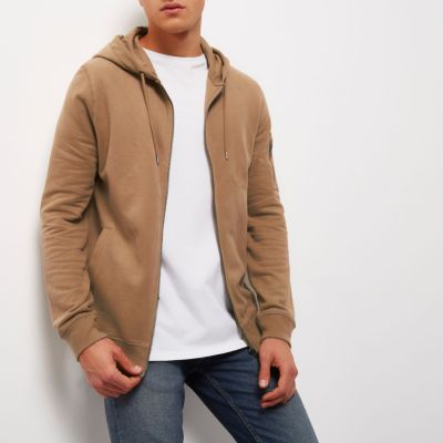 Camel brown casual zip front hoodie